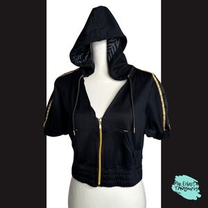 Champion Black Gold Cropped Hoodie Zip Jacket Short Sleeve Athletic Large